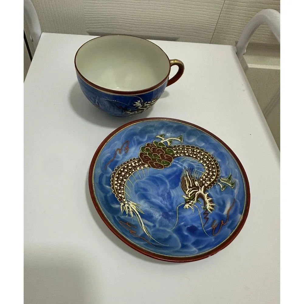 Vintage Dragon Ware‎ Tea Cup Saucer Set Blue Moriage Japanese Porcelain Good